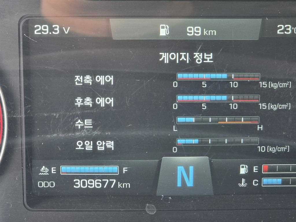 현대 파비스 5.5톤 카고 2023년식 계기판 주행거리와 에어 게이지